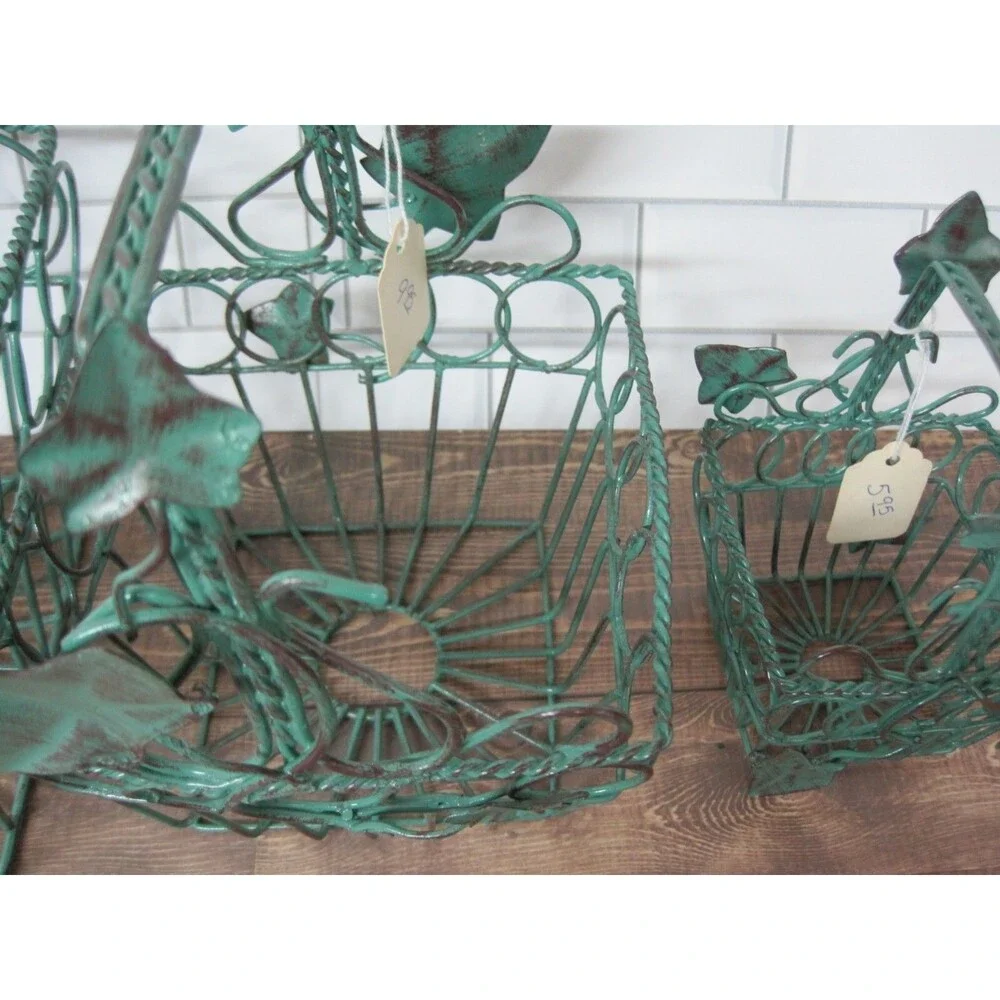 Lot of 3 Vintage Metal Wire Nesting Baskets Ivy Leaves w/ Handle NOS